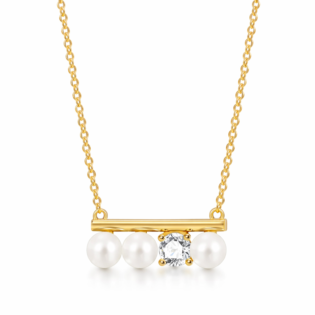 Collier doré or 18k avec barre horizontale, perles blanches et zircon central